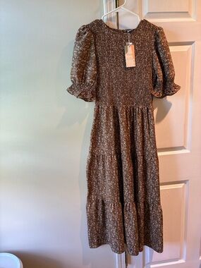 Brown Floral Maxi Dress with Smocked Bodice and Puff Sleeves